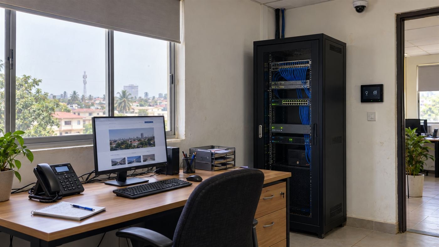 Concept illustration of an integrated office combining networking, smart access control, and automation