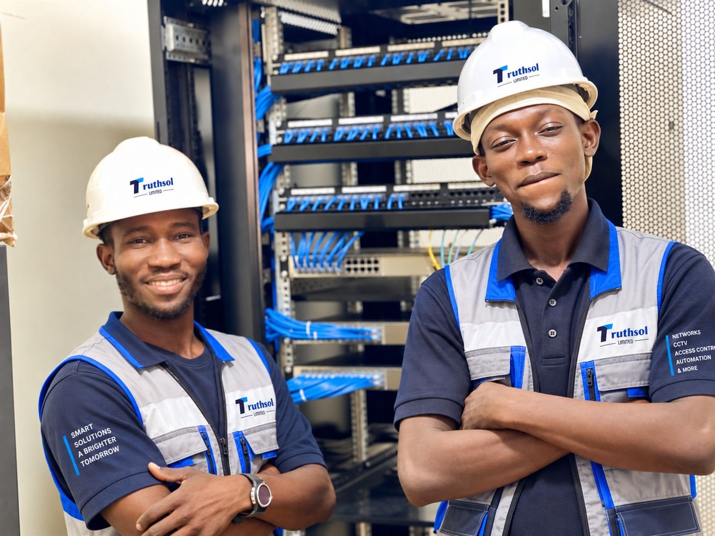 Two Truthsol Limited technicians in branded hard hats and vests beside a fully wired server and network rack