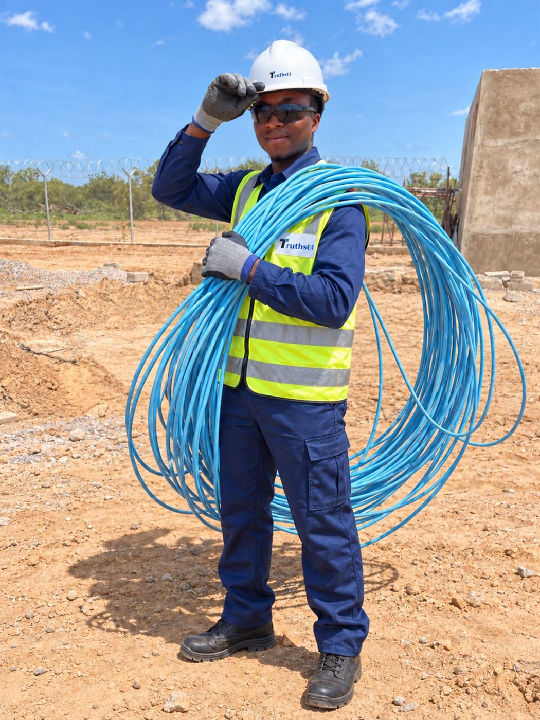 A Truthsol Limited technician in branded coveralls and a hard hat carrying a large coil of blue fiber optic cable on site